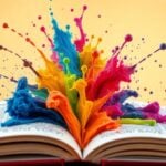 Indian authors writing with a vibrant ink splat.