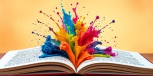 Indian authors writing with a vibrant ink splat.