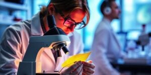 Postdoc working with glowing plant in lab setting.