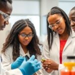 Researchers collaborate in a bright laboratory setting.