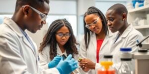 Researchers collaborate in a bright laboratory setting.
