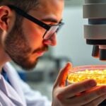 Doctor looking at petri dish with glowing cells.