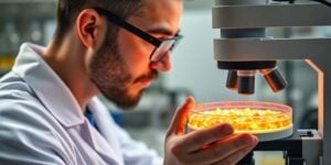 Doctor looking at petri dish with glowing cells.