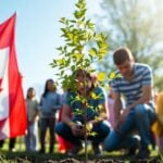 Canadian flag waving near community members planting a tree.