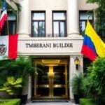 Embassy building with Peruvian and Ecuadorian flags.