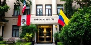 Embassy building with Peruvian and Ecuadorian flags.