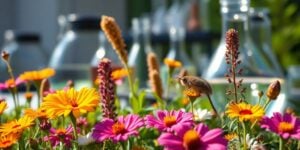 Vibrant Australian flora and fauna surrounding scientific equipment.
