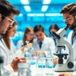 Scientists working in a modern biotechnology lab.