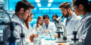 Scientists working in a modern biotechnology lab.