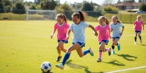 Girls playing soccer, smiling, in a sunny field.