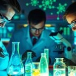 Researchers collaborating in a modern lab, examining glowing samples.