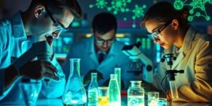 Researchers collaborating in a modern lab, examining glowing samples.