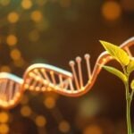 AI brain interacting with DNA helix and plant sprout.