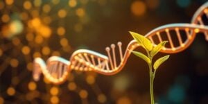 AI brain interacting with DNA helix and plant sprout.