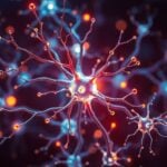 Neurons glowing with bright light against dark background.