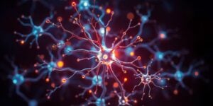 Neurons glowing with bright light against dark background.