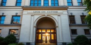 University building exterior with open doors.