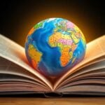 Open book with global map emerging from pages.