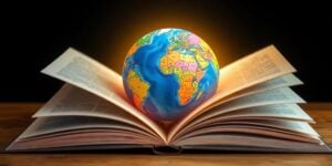 Open book with global map emerging from pages.