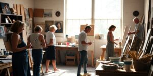 Artists working collaboratively in a bright, modern studio space.