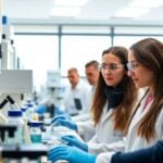 Researchers collaborate in a modern lab.