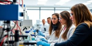 Researchers collaborate in a modern lab.