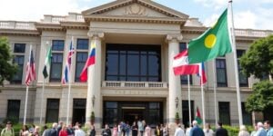 Embassy building with flags and people.