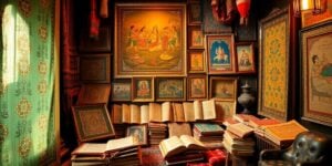 Vibrant Indian cultural artifacts and historical documents.