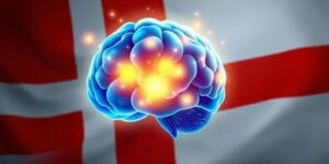Brain with lightbulb and Danish flag.