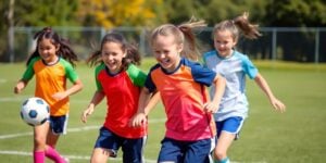Girls playing soccer with vibrant uniforms.