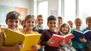 Children learning in a bright, sunny classroom.