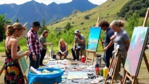 Local artists creating art outdoors in New Zealand landscape.