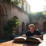 Scholar studying ancient book in sunlit courtyard.