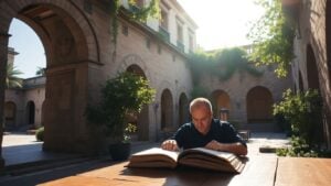 Scholar studying ancient book in sunlit courtyard.