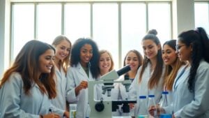 Women in lab coats with scientific equipment.