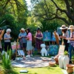 New Zealand artists creating outdoors amid nature and art supplies.