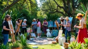 New Zealand artists creating outdoors amid nature and art supplies.