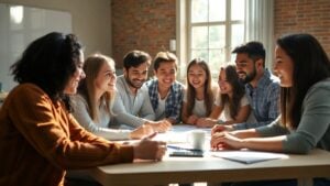 Young adults collaborating in a bright, sunlit room.