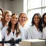 Women scientists working in a bright, modern laboratory.