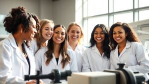 Women scientists working in a bright, modern laboratory.