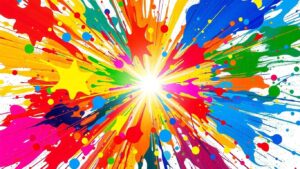 Colorful paint splatters and abstract shapes with light rays.