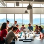 Creative people working together with New Zealand landscape background