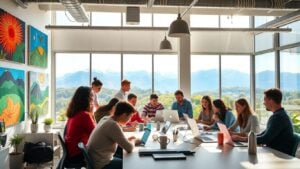 Creative people working together with New Zealand landscape background