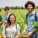 Young women and youth farming together in lush fields.