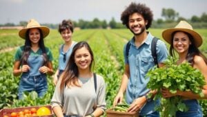 Young women and youth farming together in lush fields.