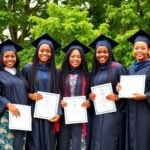 Nigerian students in graduation gowns celebrating outdoors