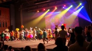 Performers in costumes on a colorful festival stage.