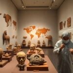 Curators restoring global cultural artifacts in museum gallery