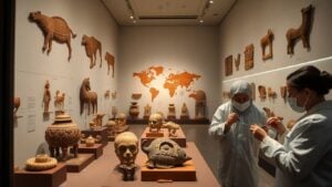 Curators restoring global cultural artifacts in museum gallery
