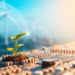 Green seedling growing from a circuit board with futuristic energy structures.